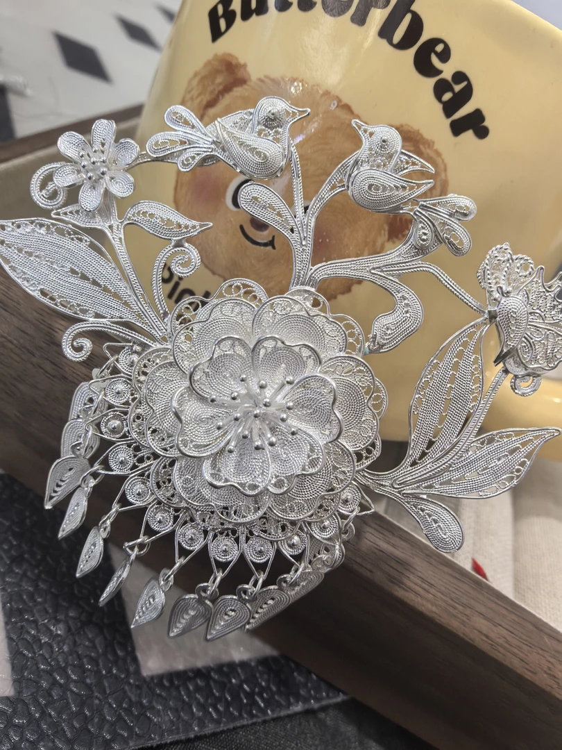 足银银制品 足银990花丝牡丹凤凰头钗