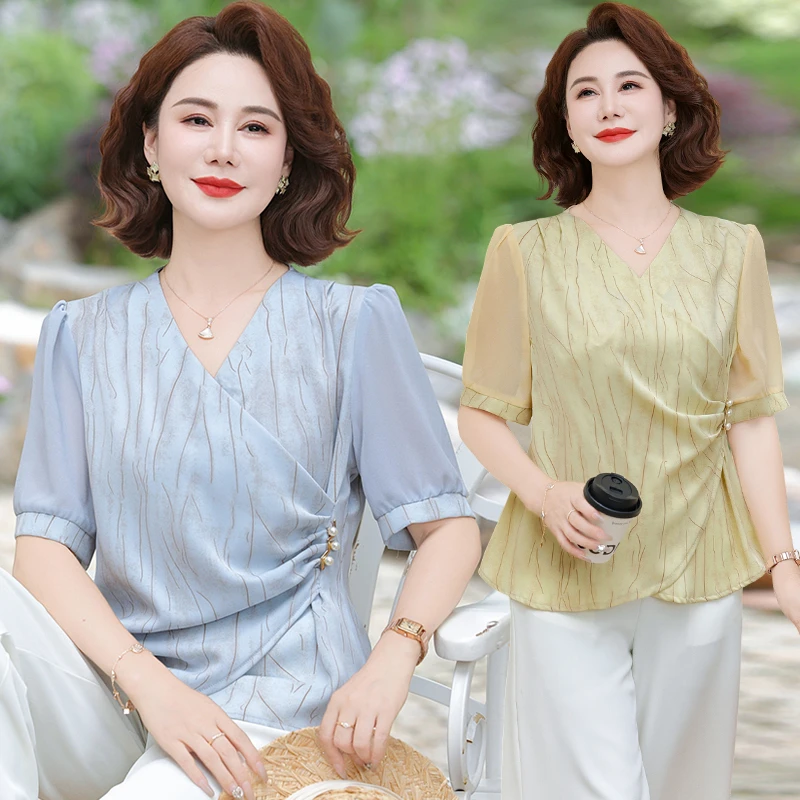 母亲节时尚妈妈装小衫套装2025夏季收腰衬衣镂空拼接妈妈装夏装