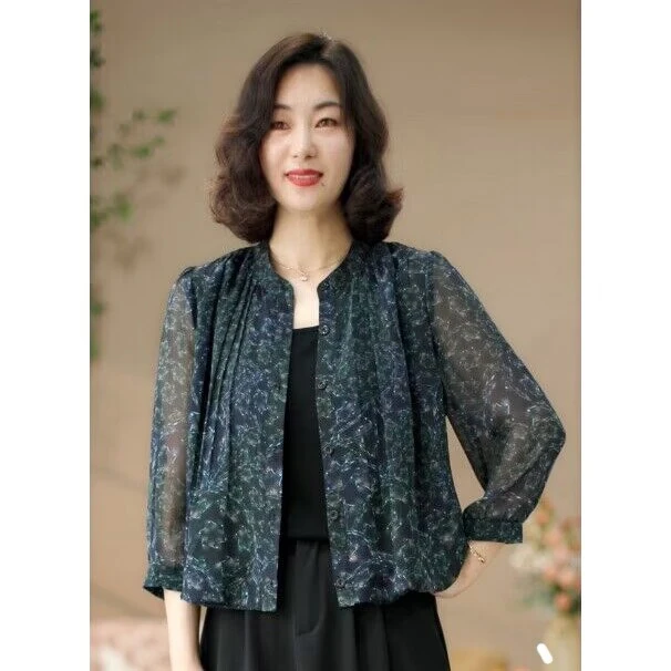 【涧蓝正品】妈妈装夏季新款印花衬衫女七分袖时尚衬衣显瘦防晒衣