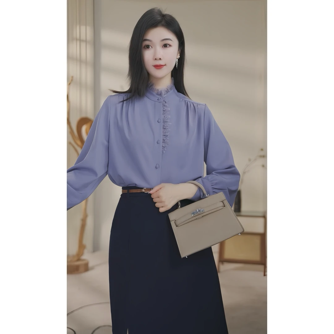 【小北甄选】欧若风8591325烟紫色衬衫女士欧高级时尚长袖设计感