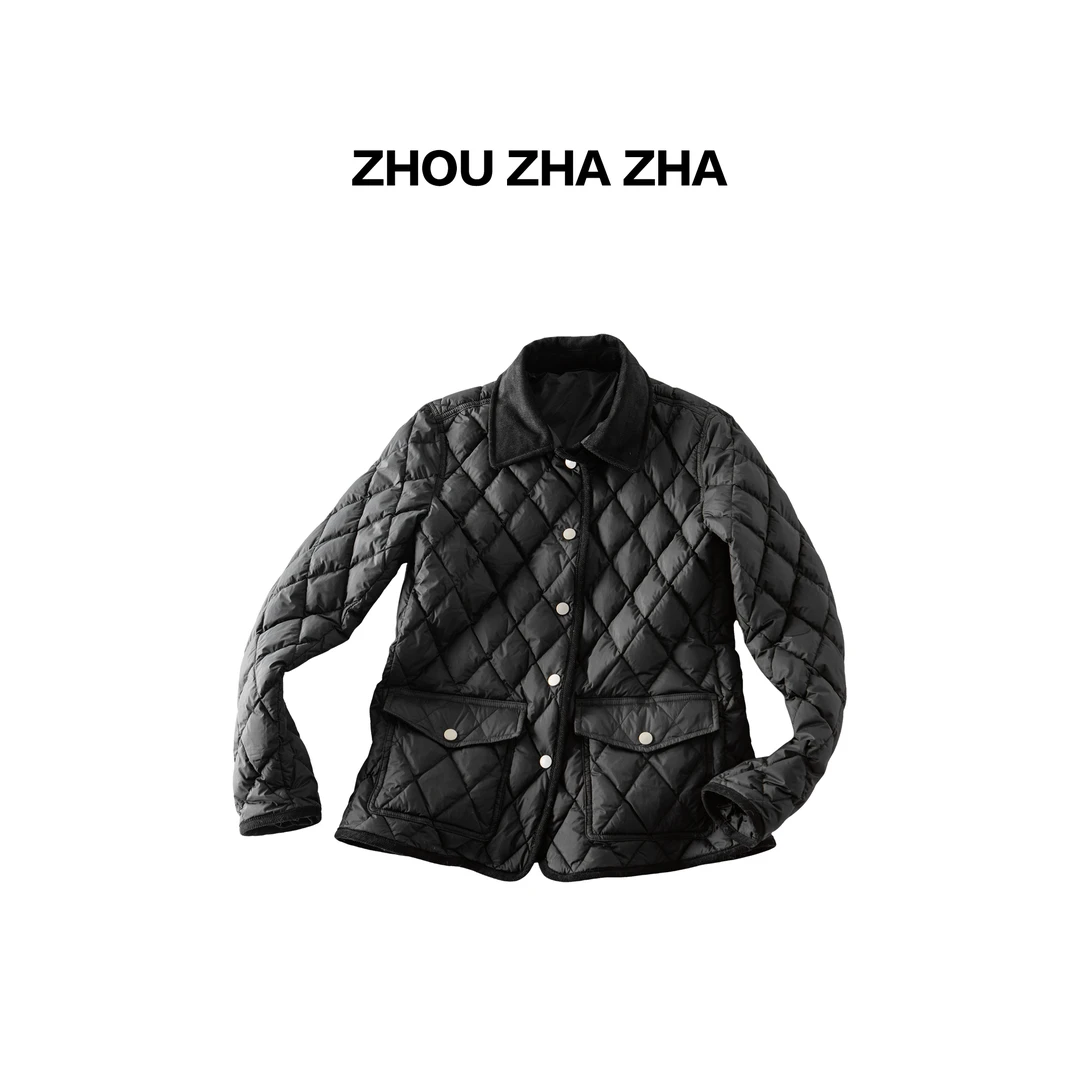 【周炸炸】复古菱格绗缝翻领老钱简约轻暖白鸭羽绒服#545520