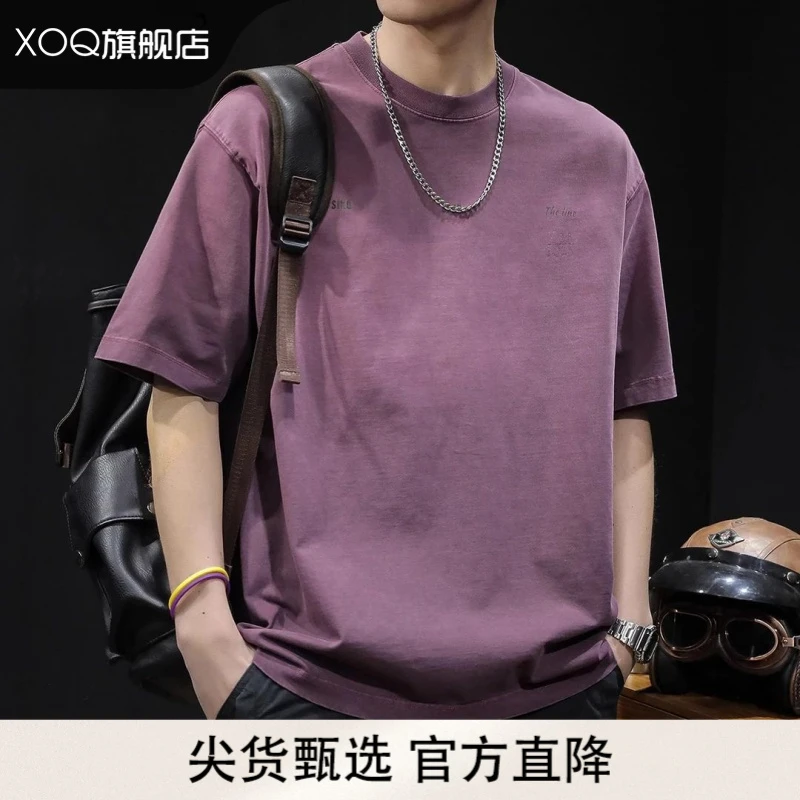 XOQ官方美式水洗短袖t恤男士纯棉2025新款时尚半袖大码夏季重磅