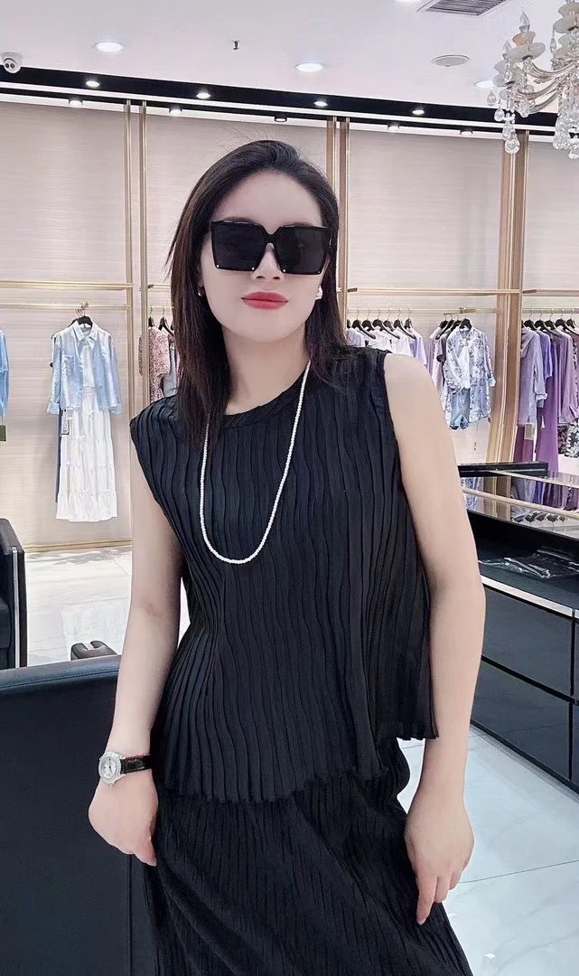 花边圆领风琴褶无袖a字夏季通勤上衣高级感气质