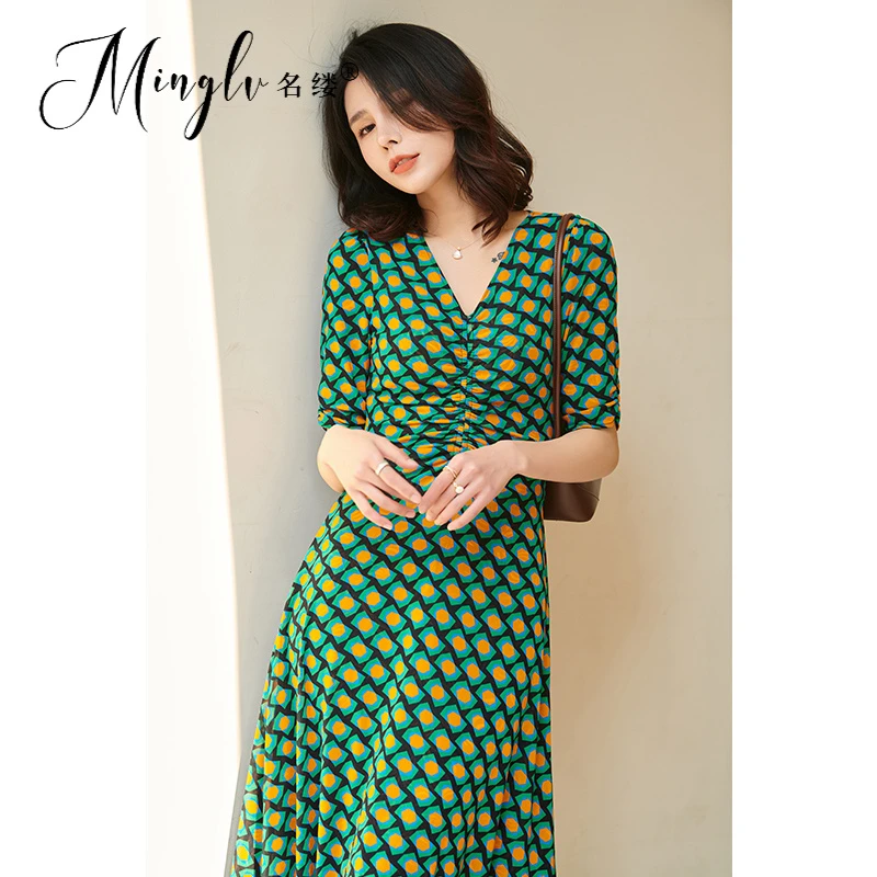 名缕女装法式复古茶歇裙高级感v领格子印花修身弹力网纱连衣裙女