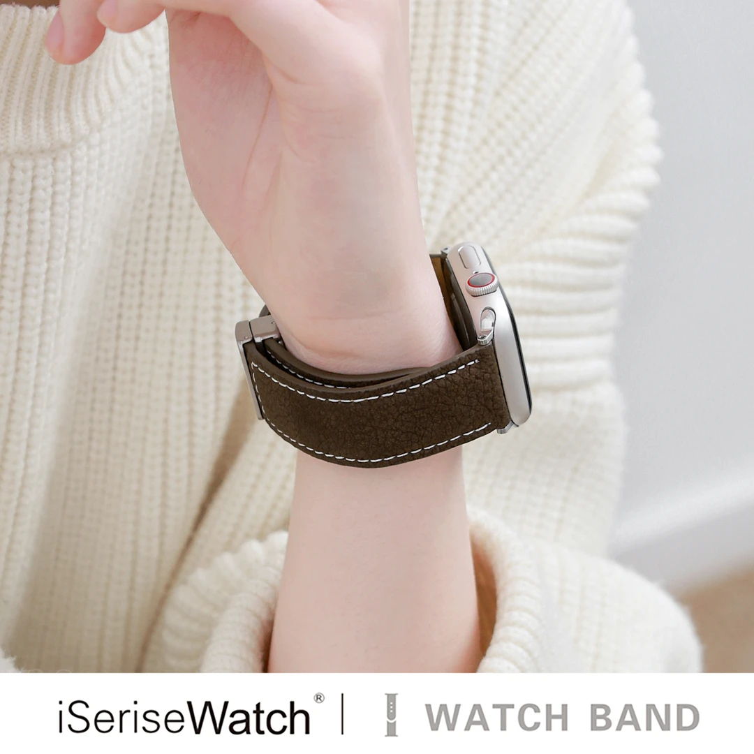 iserisewatch适用iWatch11表带苹果手表荔枝纹头层牛皮百搭高级