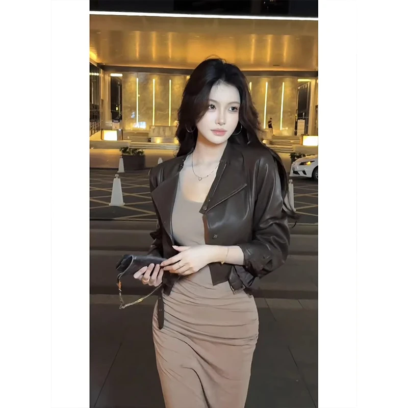 美式辣妹棕色复古pu皮衣外套女秋季2025新款短款修身皮夹克上衣潮