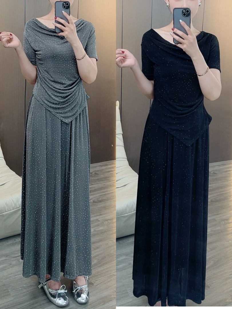 2025年夏季新款名媛气质显瘦不规则烫钻上衣高腰半裙套装