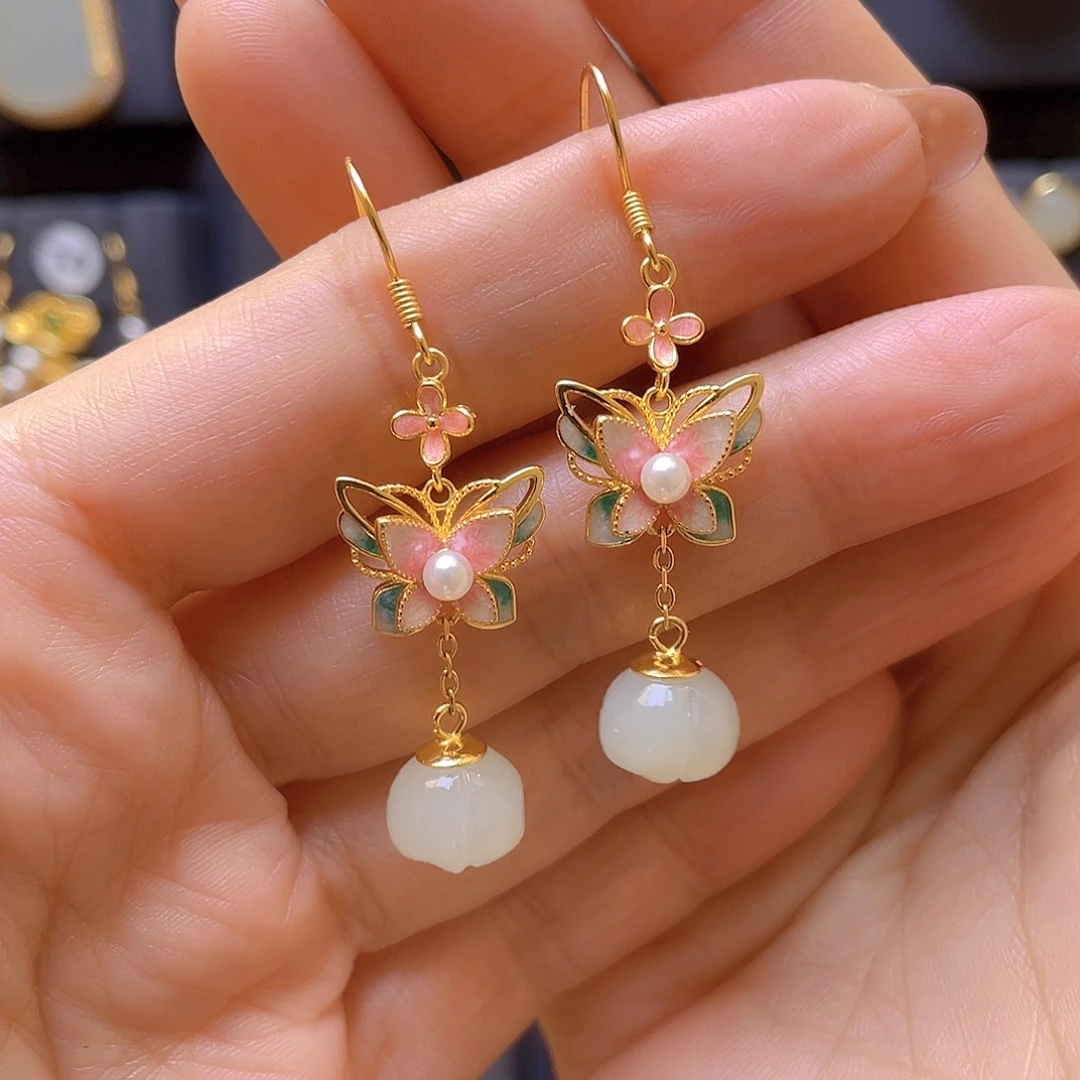 和田玉银S925镀金镶嵌耳饰