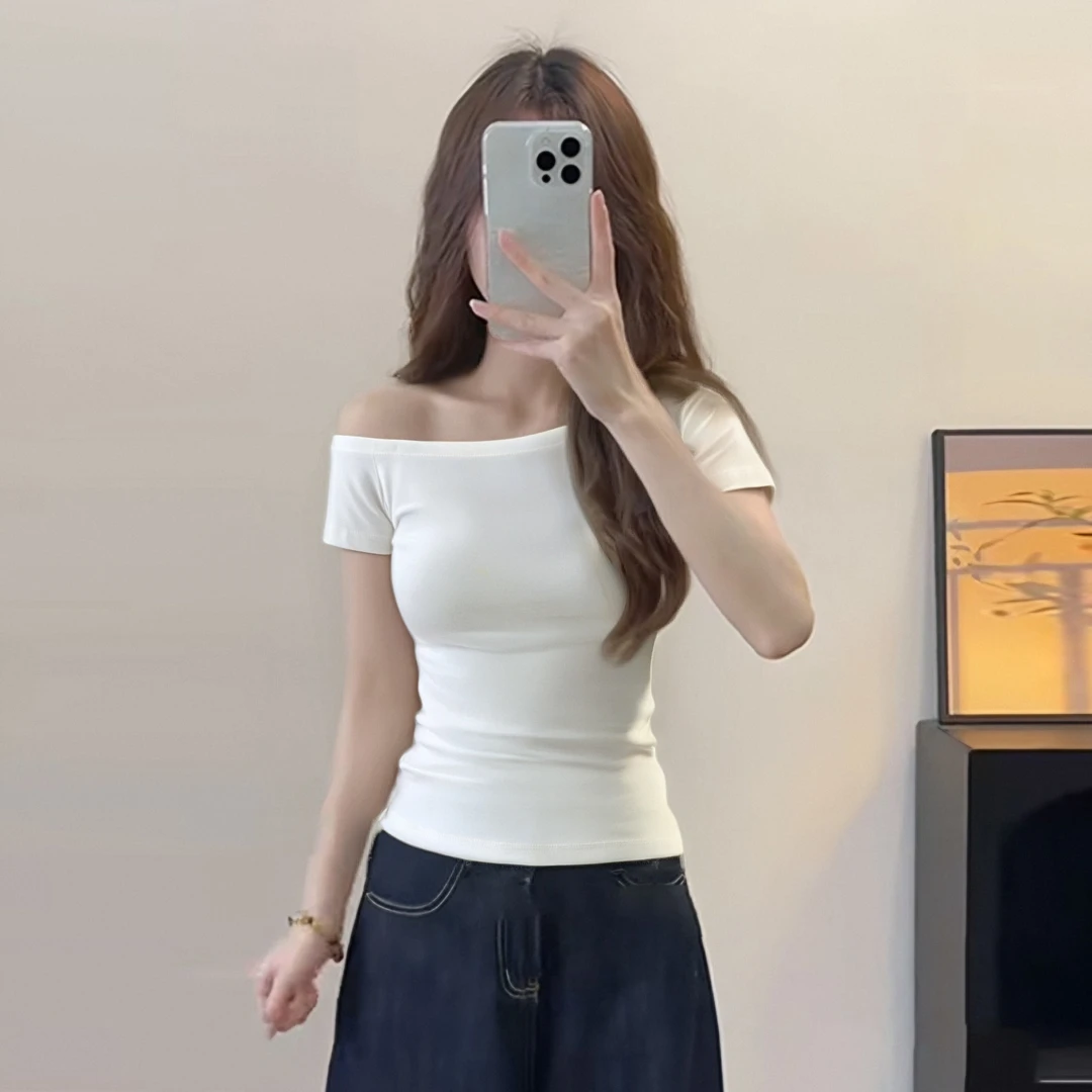 欧货一字肩螺纹棉T恤女夏季新款时尚修身一字肩上衣露肩高级感
