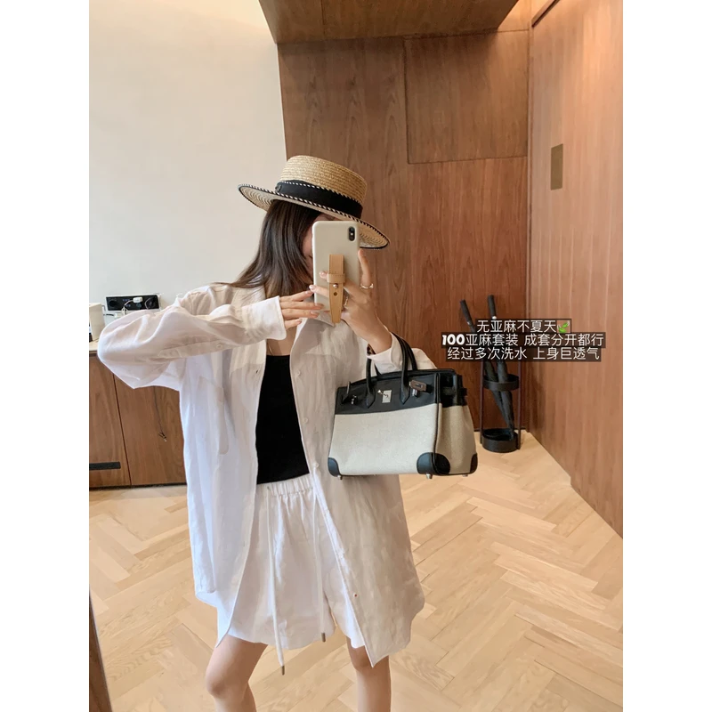 【小曼私服】亚麻  老钱松弛 宽松白衬衫+松紧腰系带短裤 M5255002