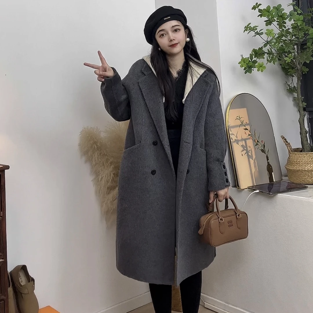 2025年新款小个子版连帽中长款毛呢外套