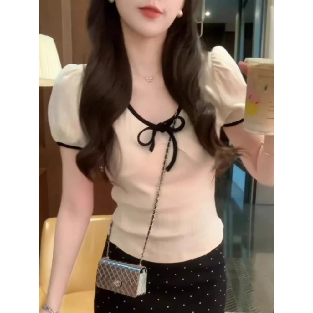 法式肌理感蝴蝶结短袖t恤女夏季甜美修身显瘦短款时尚泡泡袖上衣