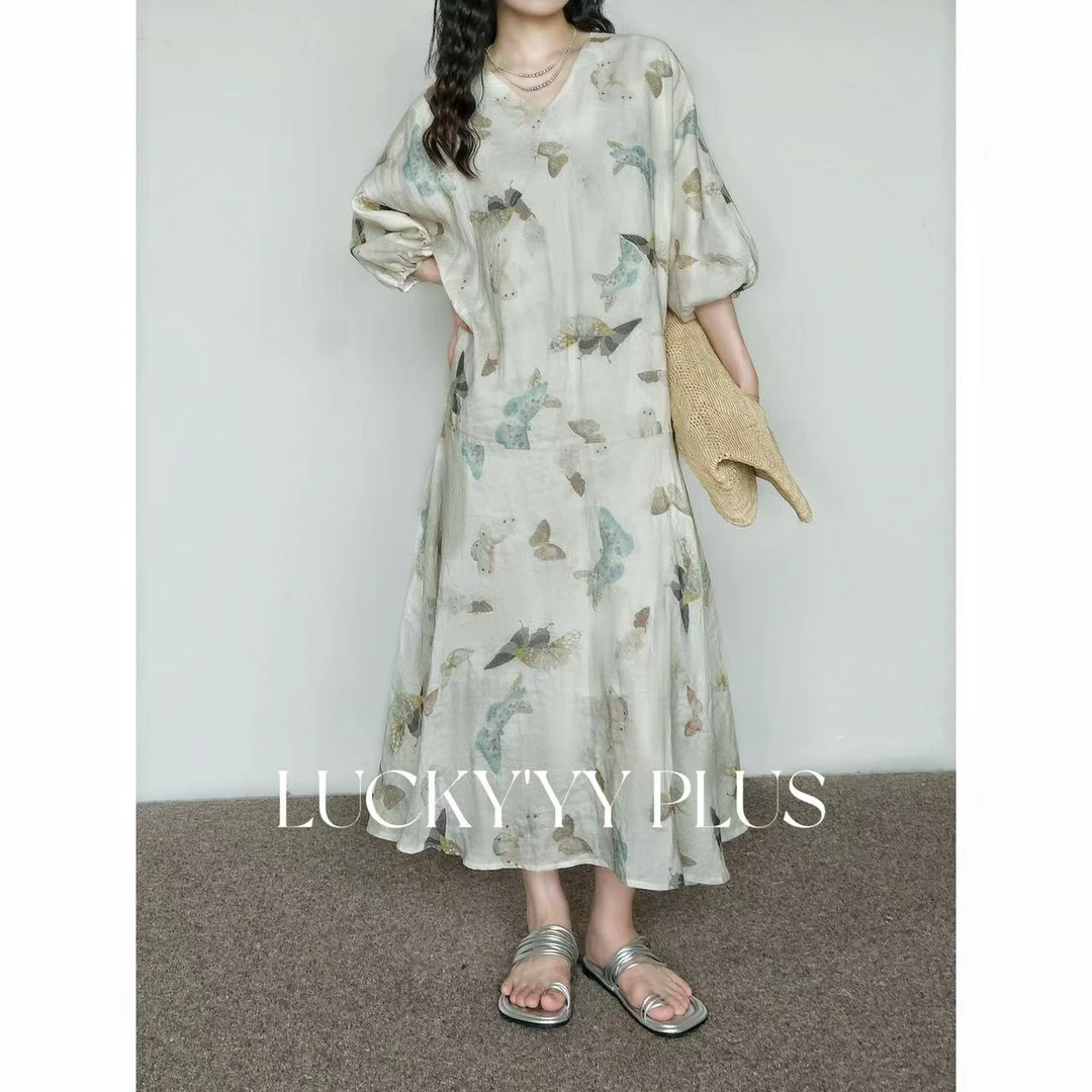 LUCKYYY【蝶序】高品满分苎麻印花蝴蝶图案轻盈氛围感连衣裙 B1503
