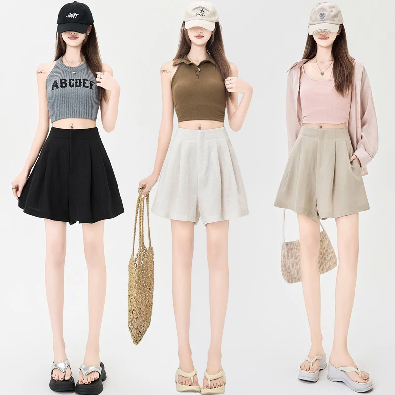 实拍短裤女夏季薄款2025新款高腰a字阔腿花苞五分裤