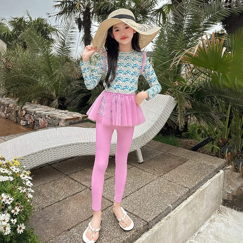女童泳衣套装2025新款儿童长袖长裤防晒游泳衣专业训练中大童泳装
