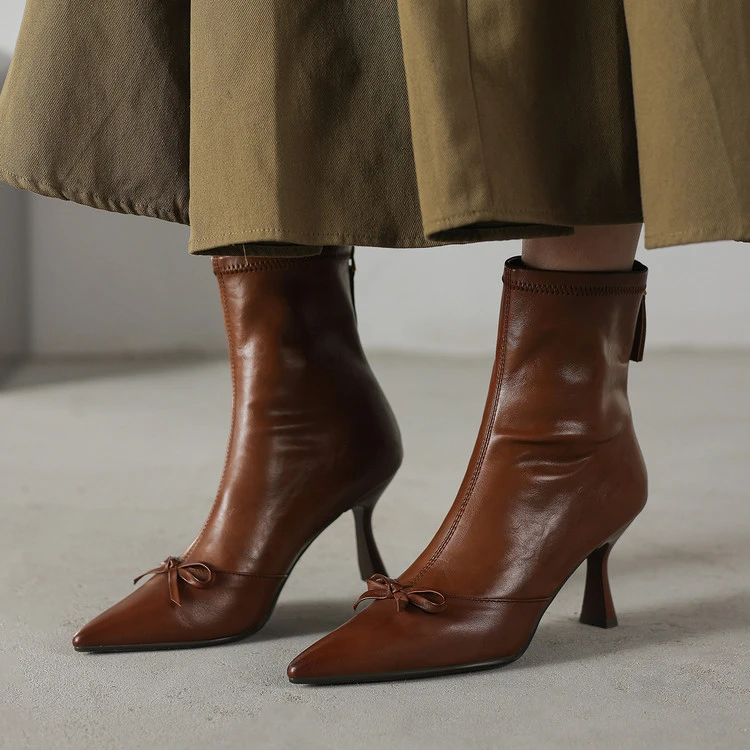 7.5cm~尖头蝴蝶结高跟细跟短靴女2025秋冬季新款裸靴弹力靴瘦瘦靴