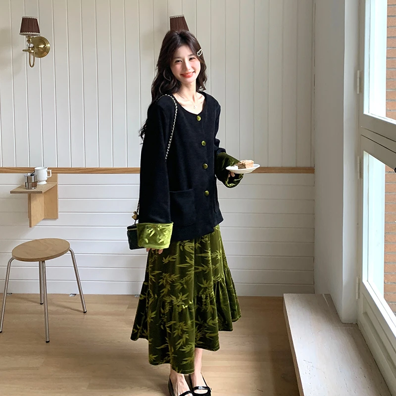 新中式国风提花丝绒套装裙女2025春秋新款名媛贵气高级感两件套裙