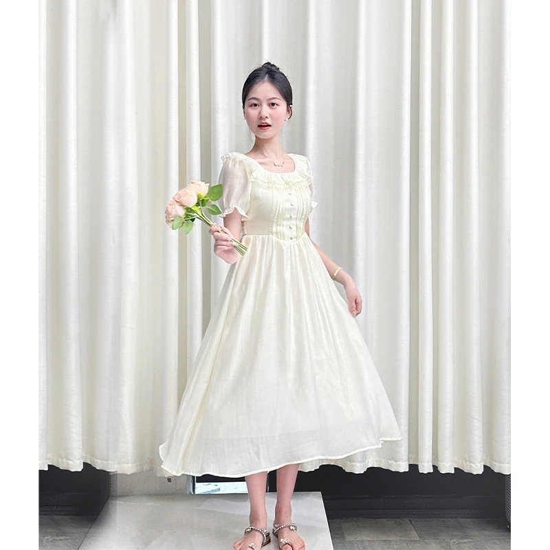 【少女心愿】小娜椒小个子夏季甜美荷叶领花边泡泡袖高腰连衣裙女