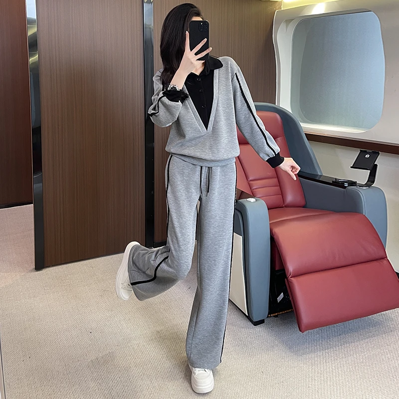 网红炸街秋冬新款高级感灰色洋气长袖上衣阔腿裤休闲运动套装女