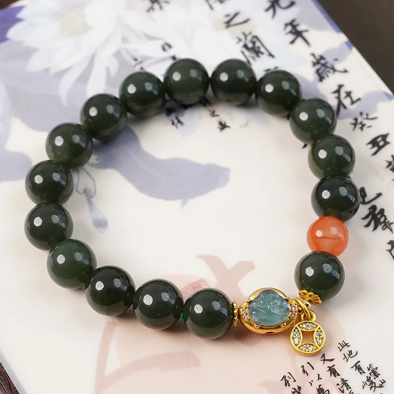 天然和田玉南红翡翠佛公手链-8737