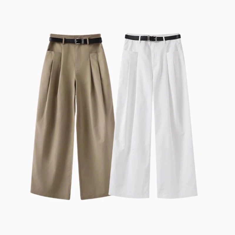 2025春装新款宽松配腰带高腰纯色直筒休闲裤阔腿裤女3035