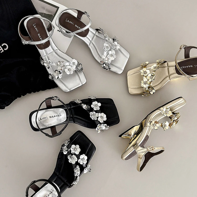 亮片真皮凉鞋女款2025新款爆款中跟罗马凉鞋百搭小众鞋子夏季凉鞋