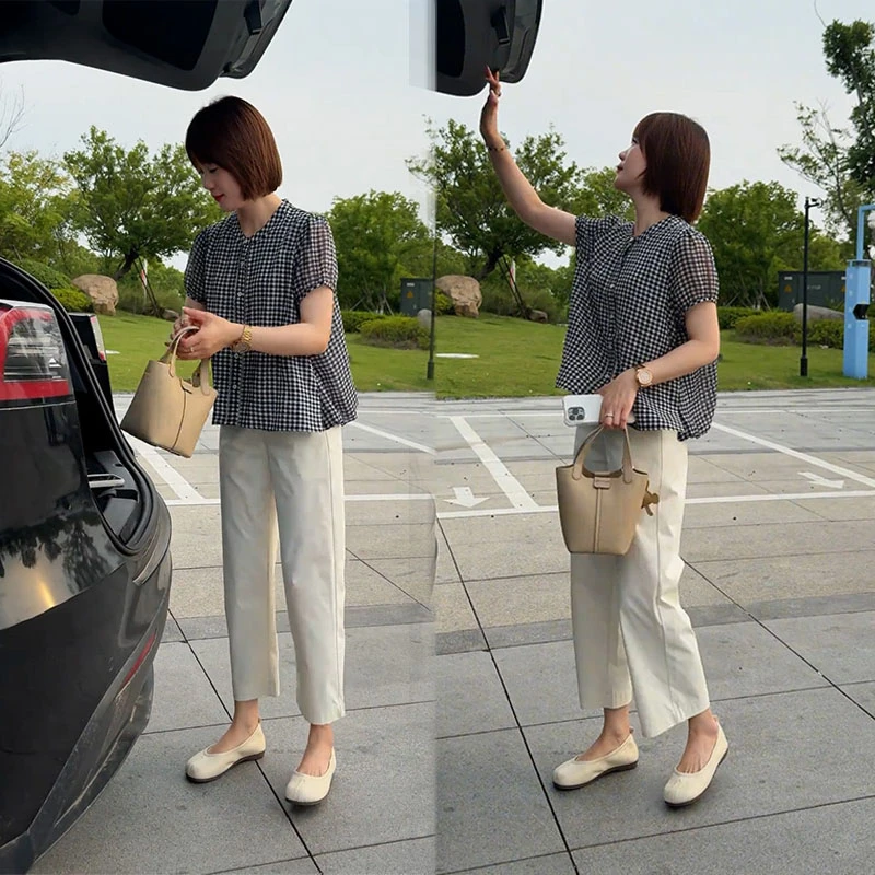 格子圆领显瘦时尚轻熟风短袖衬衫高腰休闲九分裤夏季百搭一整套