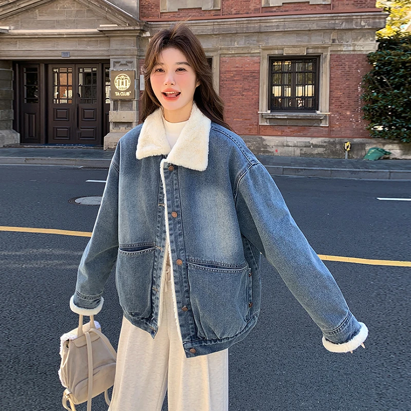 蓝色复古超好看羊羔毛牛仔短外套女2025冬季小个子加绒加厚派克服