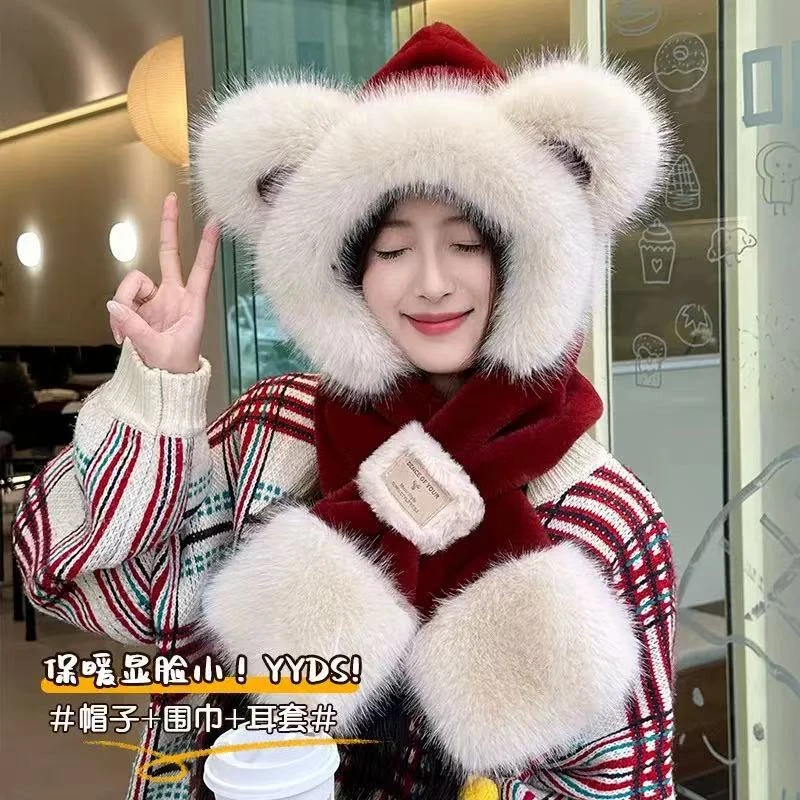 【小熊 防寒帽】冬季帽围巾一体女防寒围脖保暖护耳可爱毛绒
