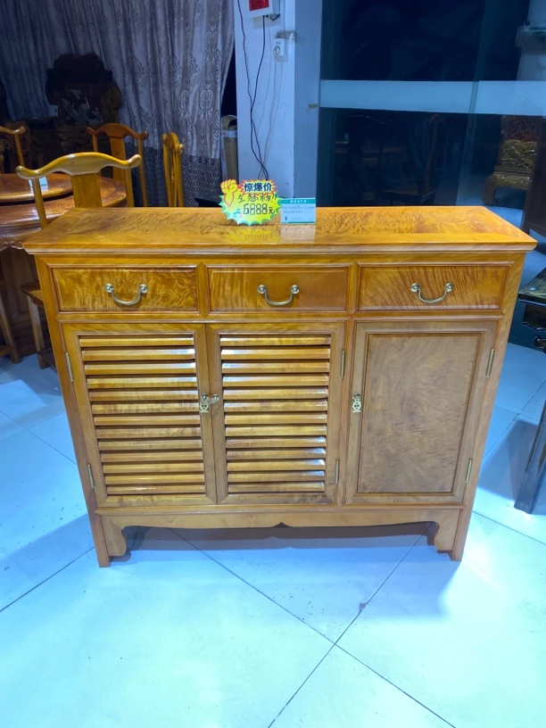 金丝楠新中式鞋柜多格收纳柜榫卯结构独板水波纹