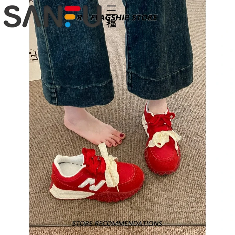 内增高6CM~厚底阿甘鞋女2025新款跑步登山运动休闲鞋红白德训鞋潮