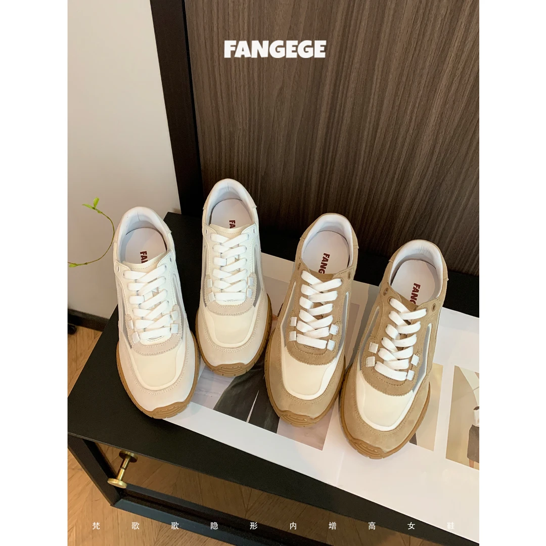 FANGEGE/梵歌歌 8cm增高德训鞋女2026新款真皮网面厚底休闲运动鞋