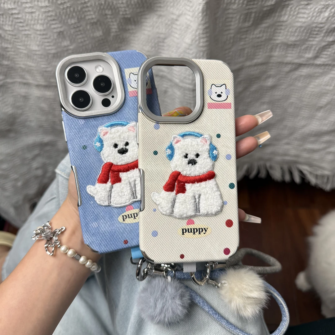 牛仔纹刺绣西高地适用iPhone16promax苹果15手机壳14电镀13创意17