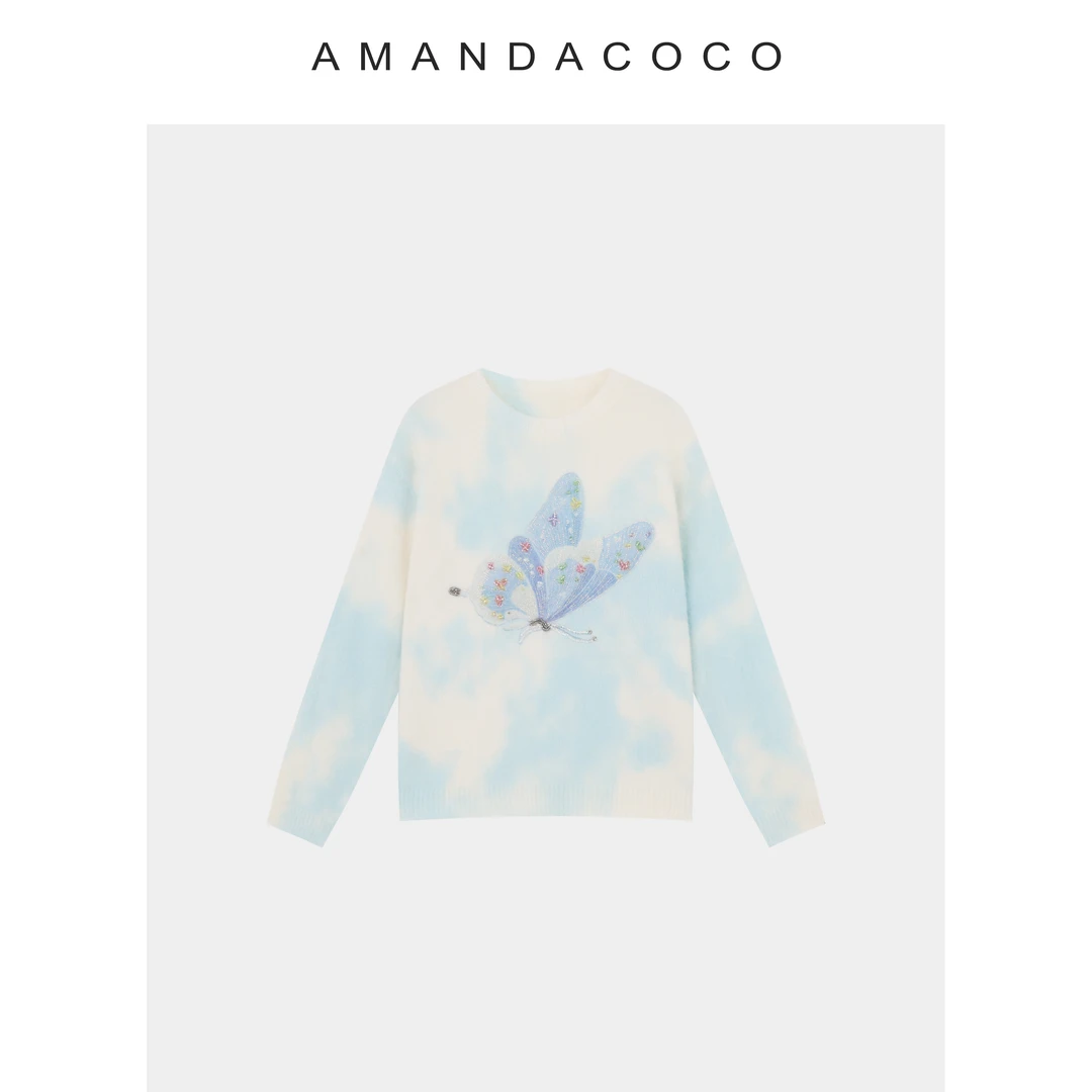 浪漫织物～秋冬设计感串珠蝴蝶渐变晕染显白长袖毛衣