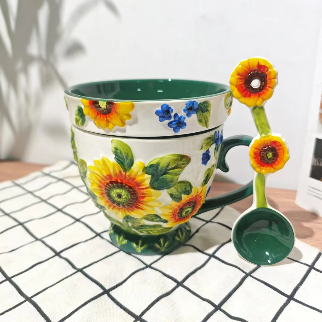【精选】陶瓷向阳花开早餐杯三件套装水杯带盖带勺