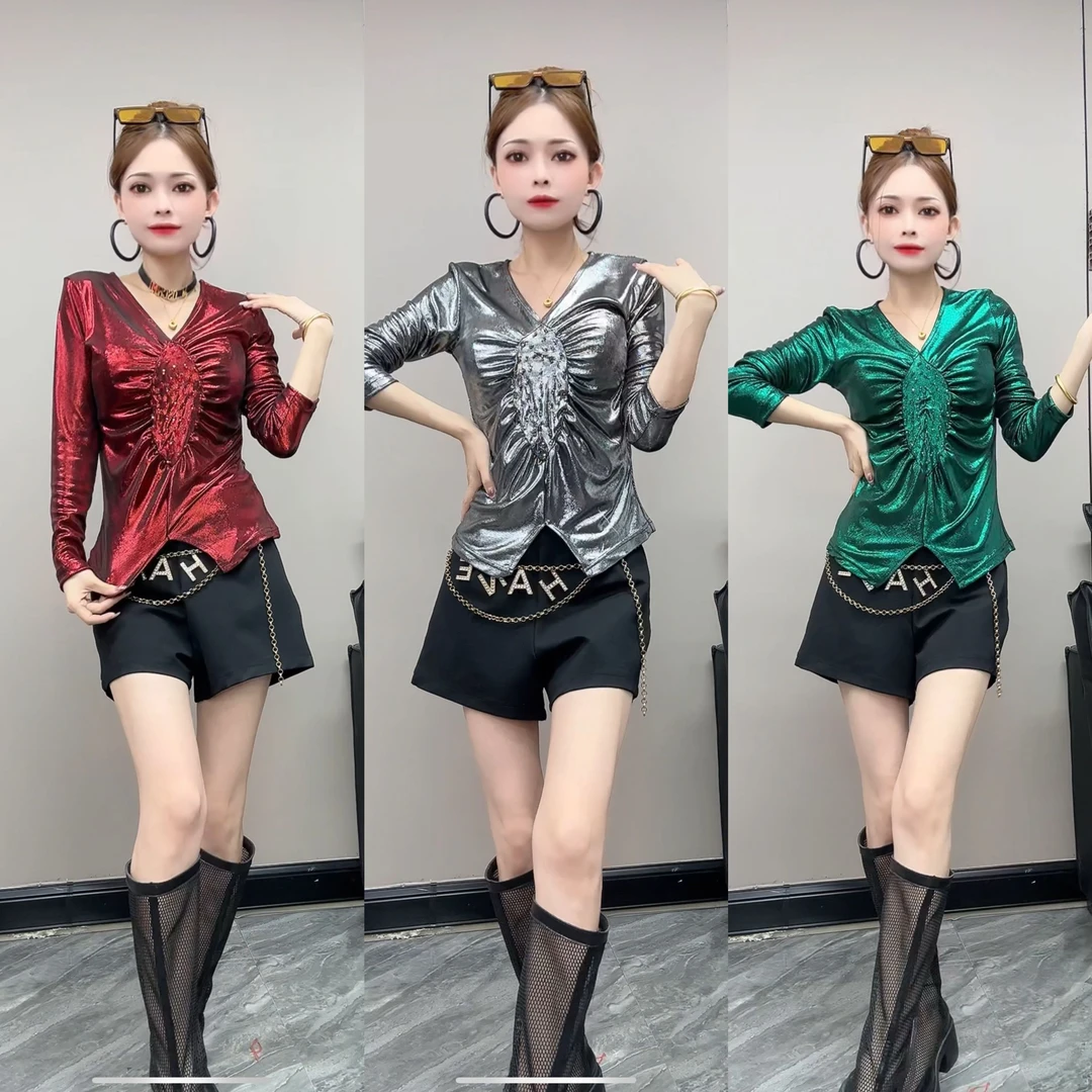 687#新款钉珠设计烫金小衫女V领修身显瘦洋气长袖上衣打底衫