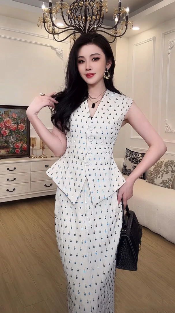 3149夏季设计师新款钉珠亮片温柔知性马甲配套半身裙两件套女