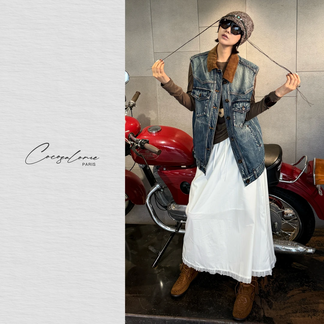 韩彬彬"心头爱"初秋出游灯绒领叠做旧蓝工装口叠穿牛仔马甲2444-1