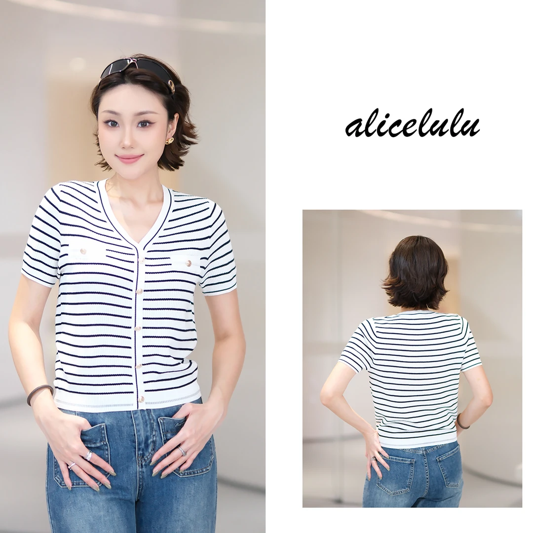 [alicelulu]夏季V领小香风修身经典条纹针织衫S2142748L