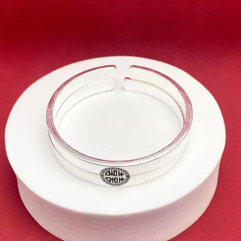 足银手镯 1号 足银999.9 喜上加囍情侣手镯手工实心开口银镯子