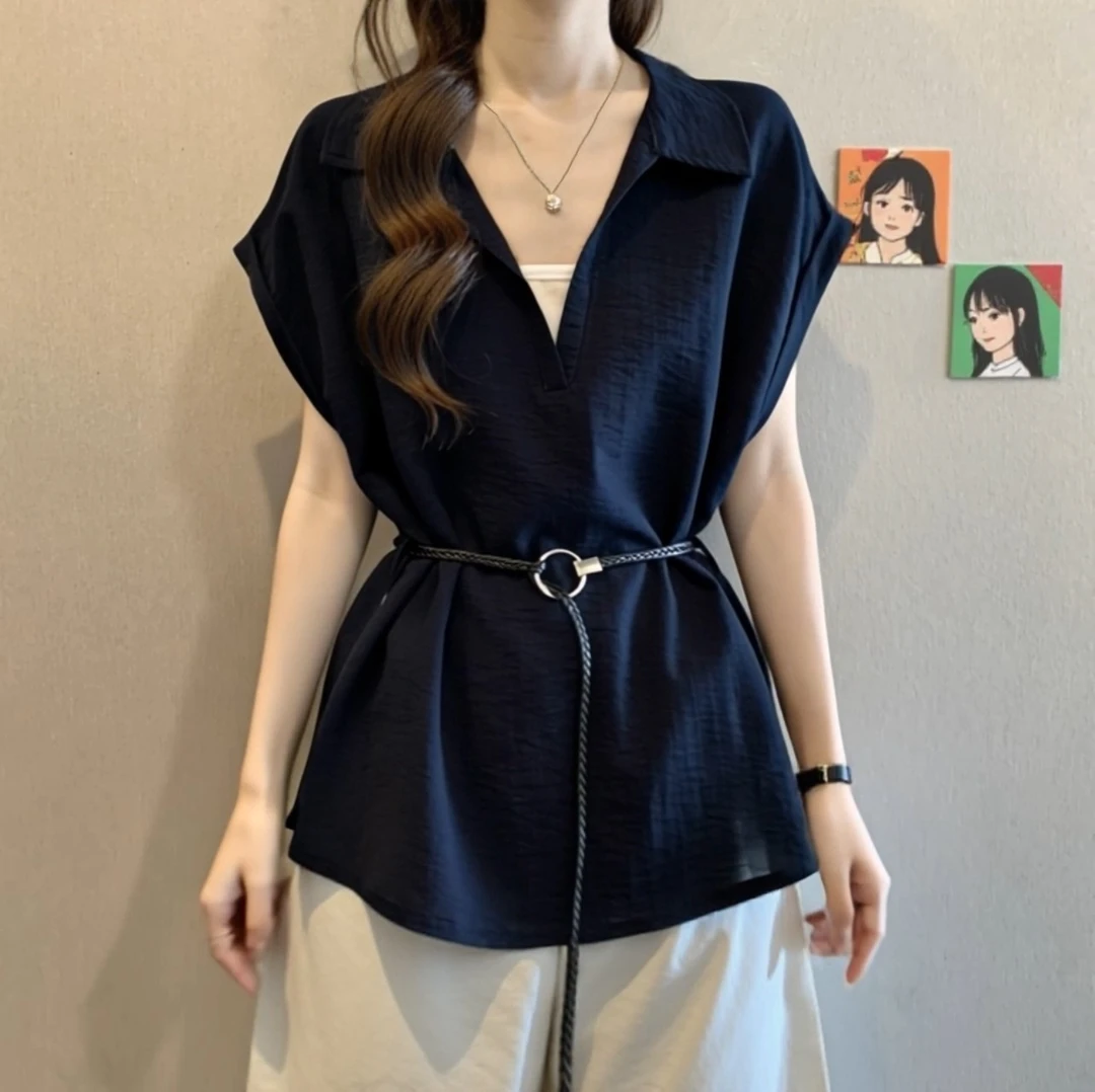 假两件藏蓝色v领短袖衬衫女2025夏季大码胖mm收腰显瘦超好看上衣