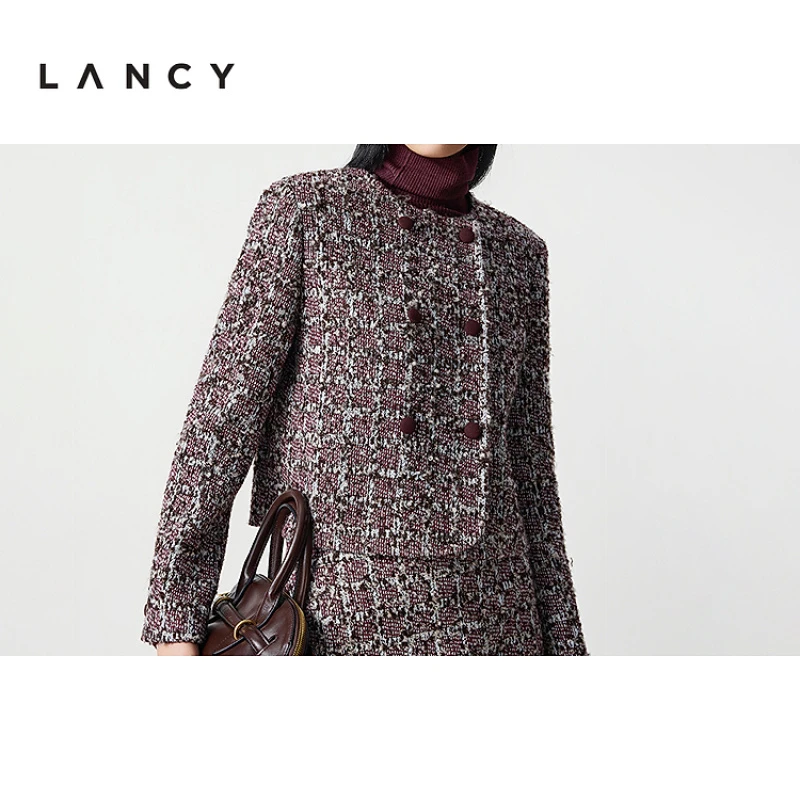 LANCY/朗姿2025冬新款法式小香风粗花呢短外套女秋气质双排扣上衣
