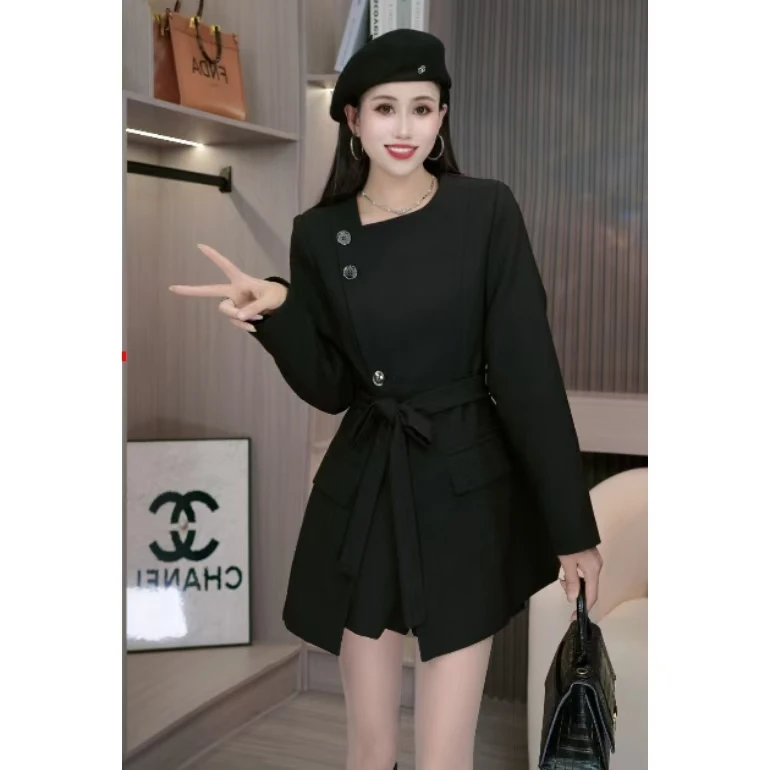 高级感时尚套装秋季收腰外套3256百搭短裤简约金风女装