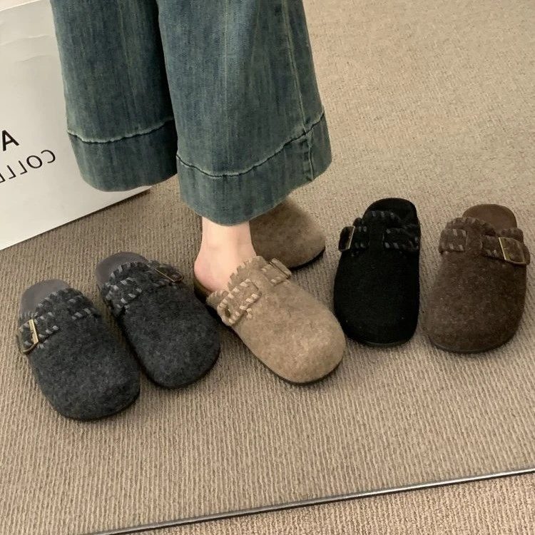 韩版复古晚晚风呢子包头半拖鞋女外穿一脚蹬厚底灰色毛毡勃肯鞋女