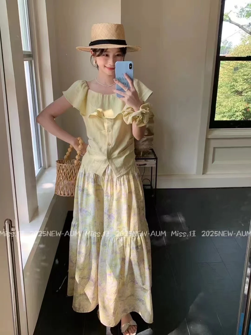 冰糖露露子2025夏新款收腰一字肩小衫+松紧腰碎花半身裙套装女