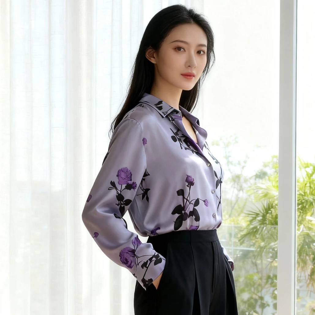 浪漫紫玫瑰·春日氛围dv*n重磅砂洗素绉缎真丝长袖衬衫·纯桑蚕丝