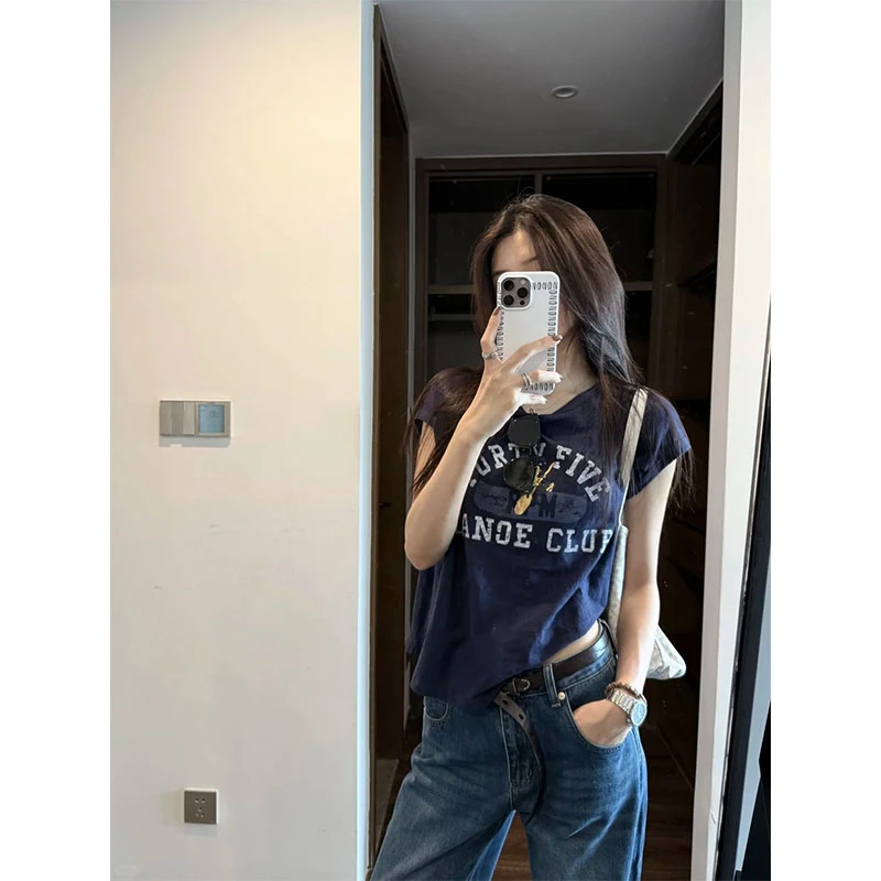 美式辣妹穿搭正肩短袖上衣字母印花T恤高腰复古蓝色牛仔长裤两件