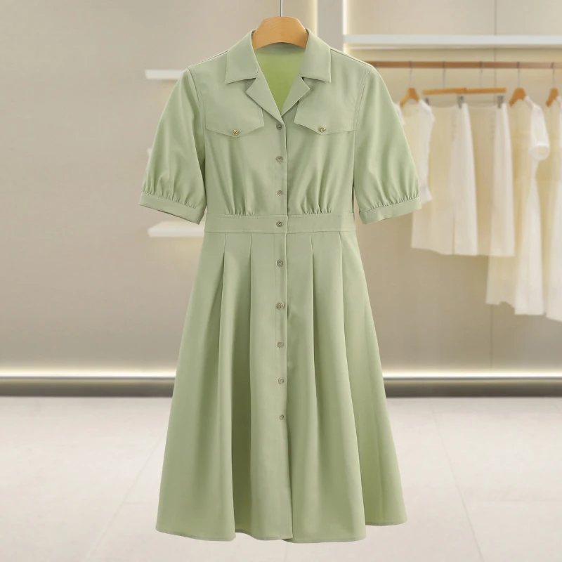 【菲菲上身款】休闲风单排扣翻领短袖收腰连衣裙#WYX56L03413#L034