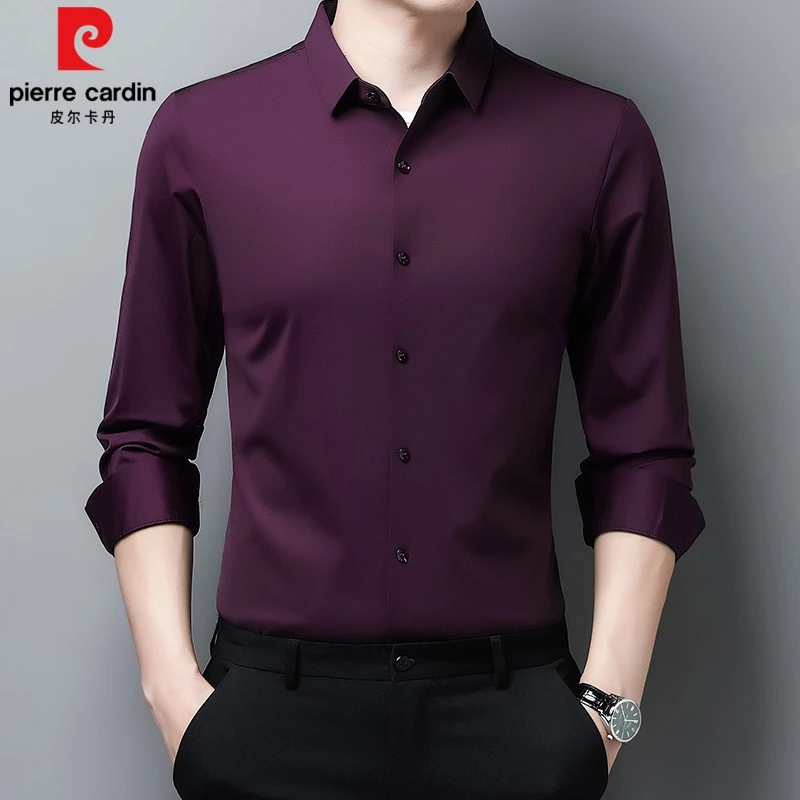 皮尔卡丹无痕长袖男士衬衫春秋商务休闲免烫垂感中青年男款衬衣男