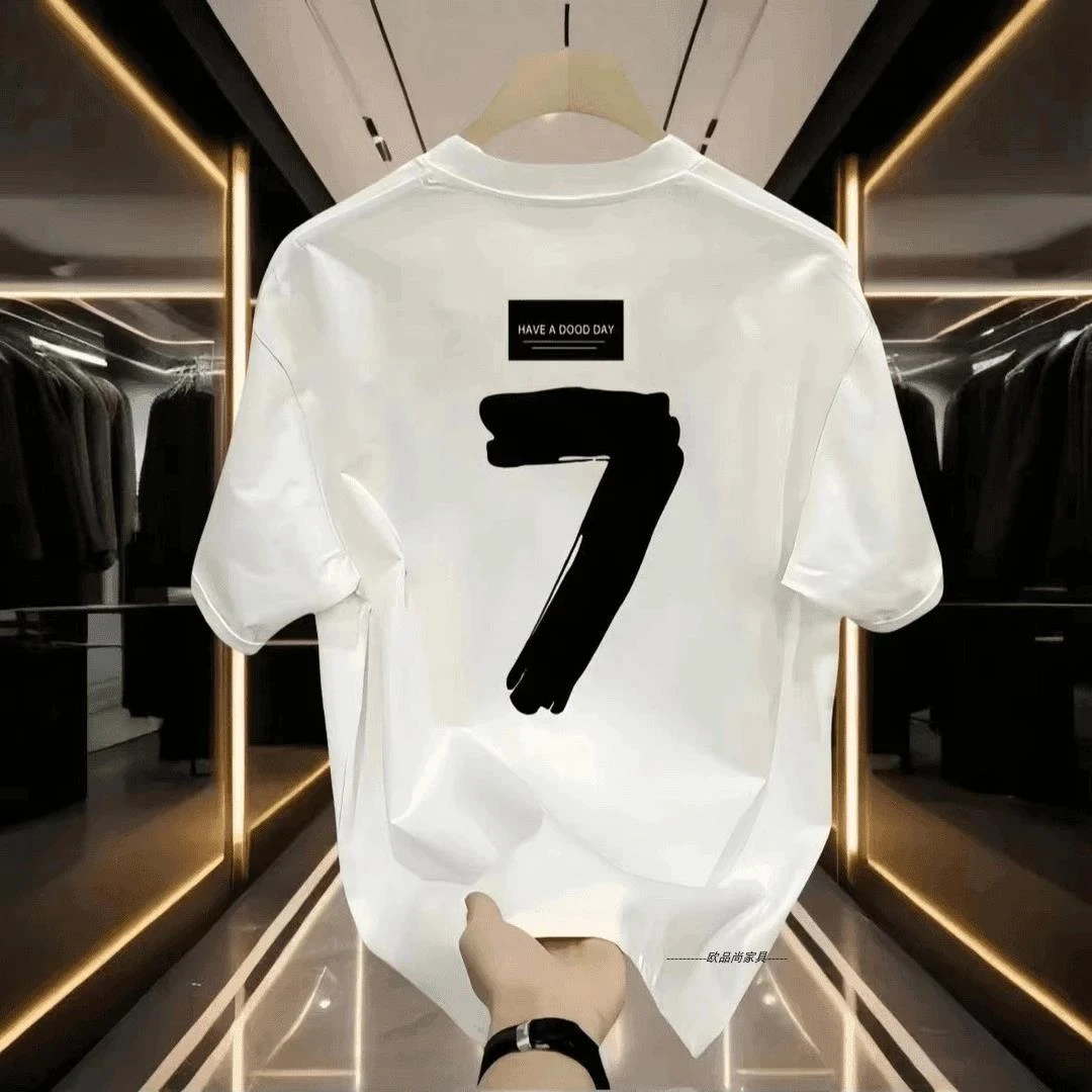 MrAC轻奢痞帅潮牌数字印花纯棉短袖T恤男宽松百搭夏季款圆领上衣